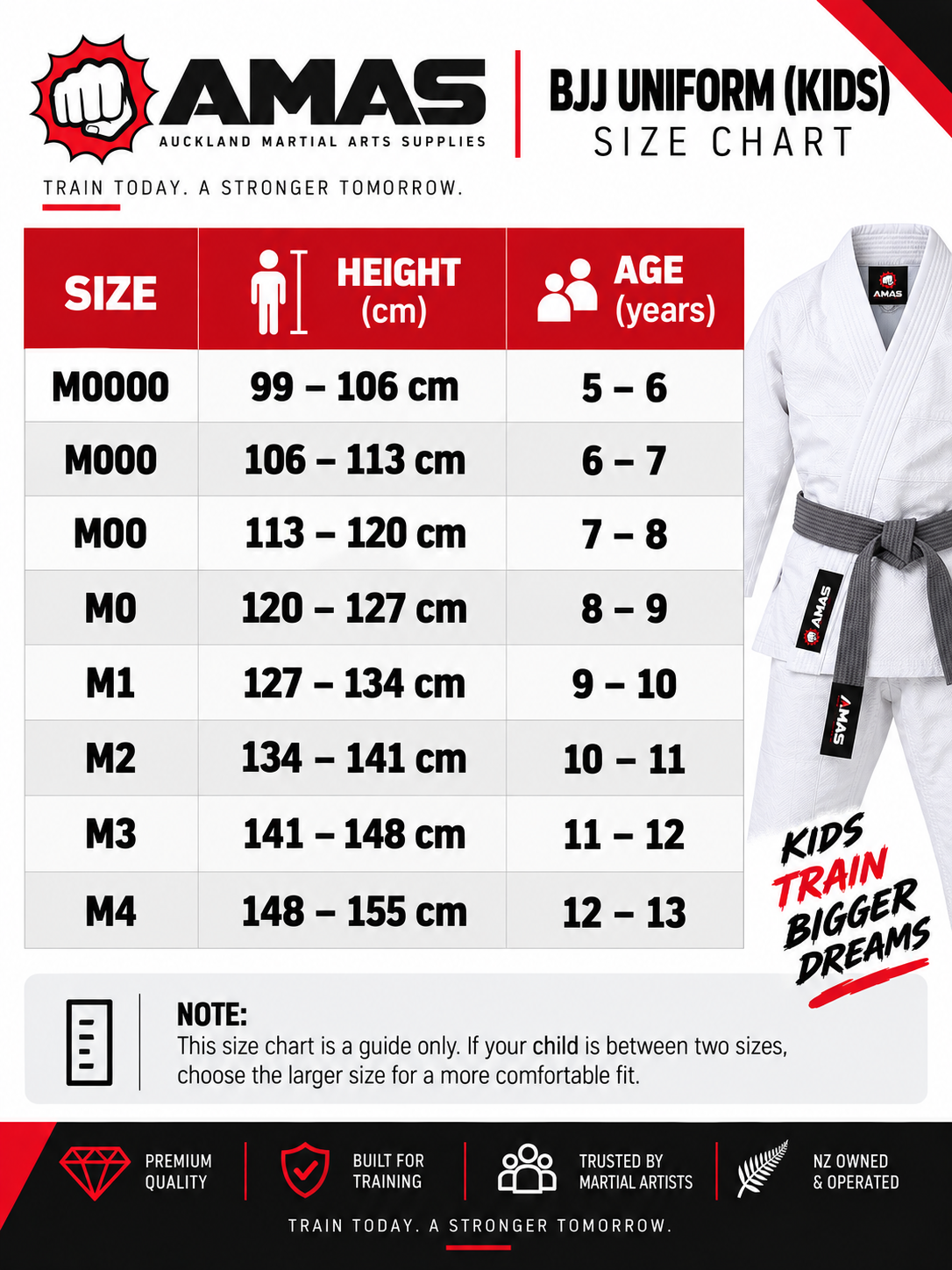 Martial Arts Kids Size Guide NZ