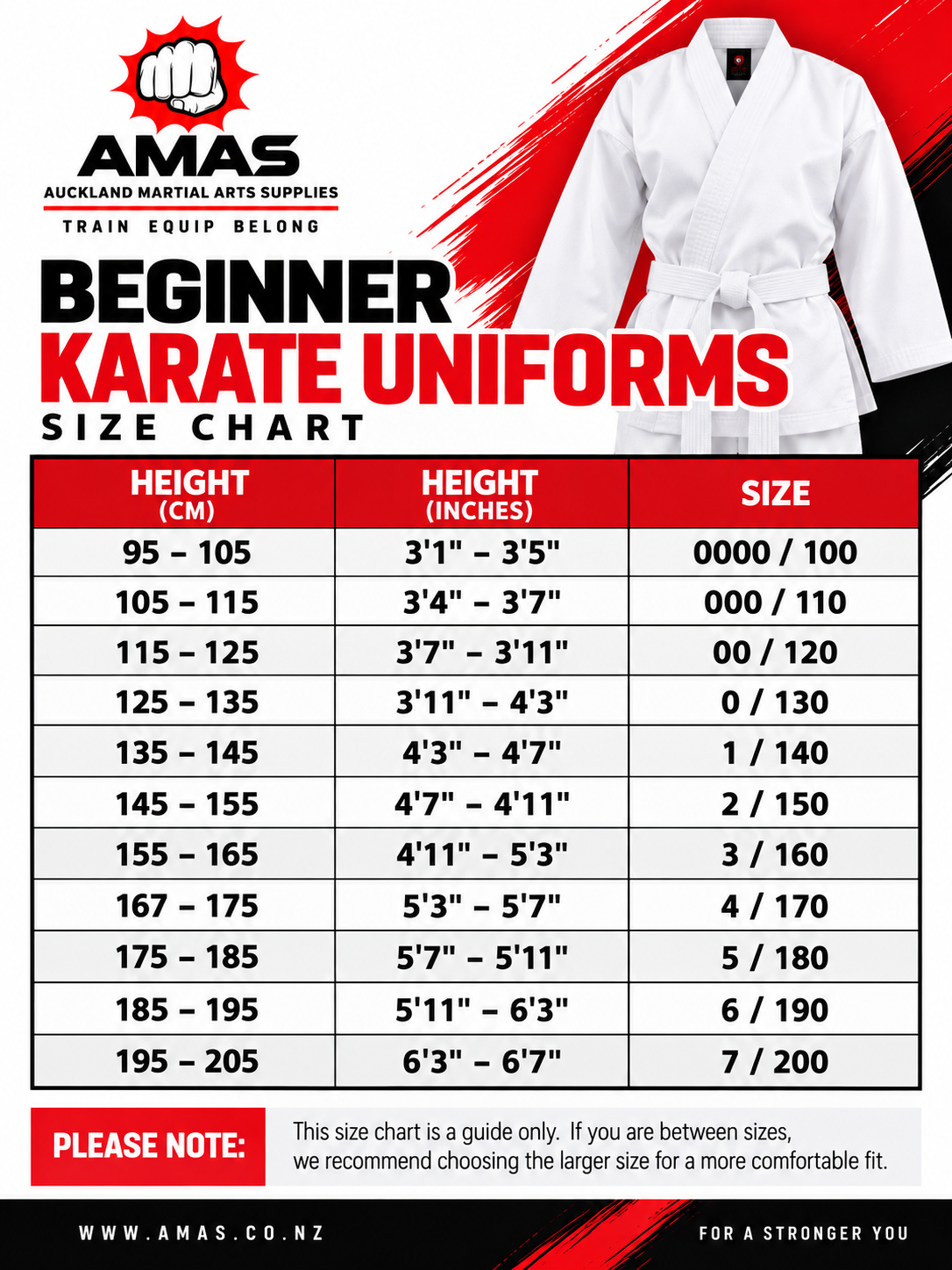 beginner Karate Uniforms size chart
