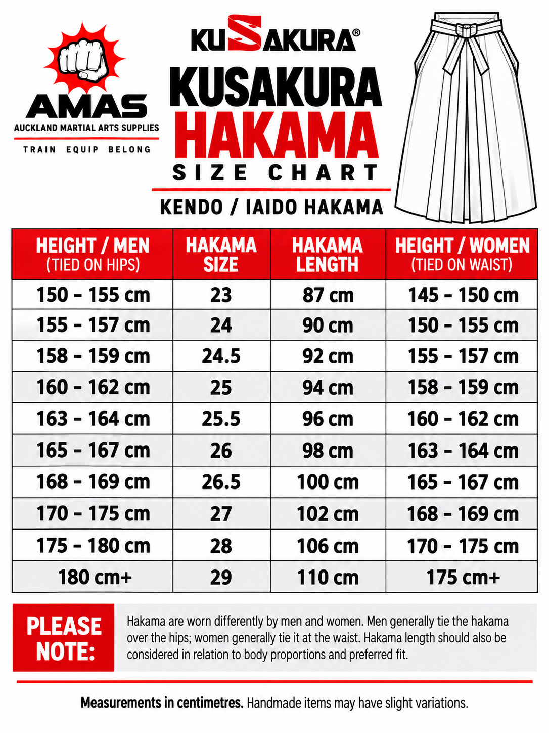 hakama size chart